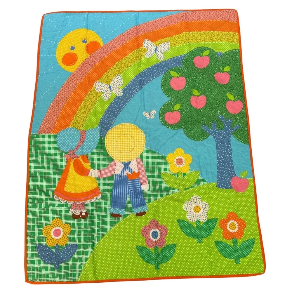 Vtg Sunbonnet Sue & Sam Rainbow Butterfly Patchwork Quilt Nursery Decor Blanket